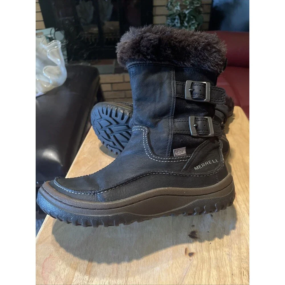 Merrell Boot Women's Size 6 Decora Chant Black Zip Faux Fur Waterproof Snow Work